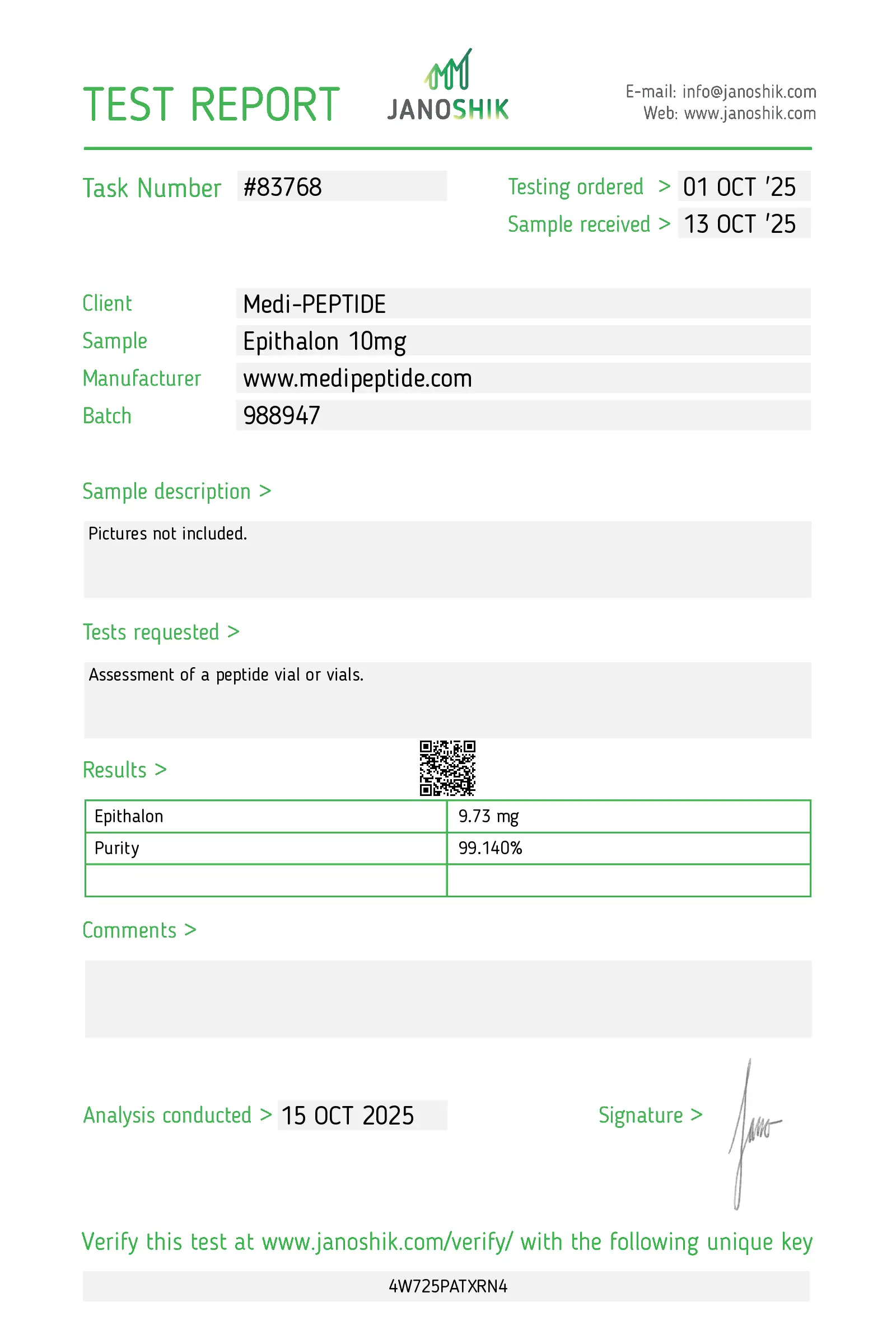 Epithalon Certificate of Analysis